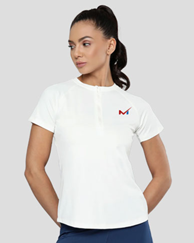 Women's White Slim Fit Self Design Training Gym T-shirt